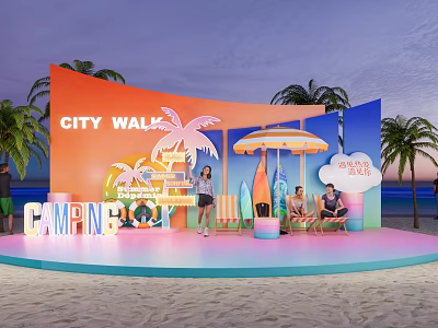 City Walk Camping Themed Photo Spot With Palm Trees Surfboards And Beach Setting 3d model
