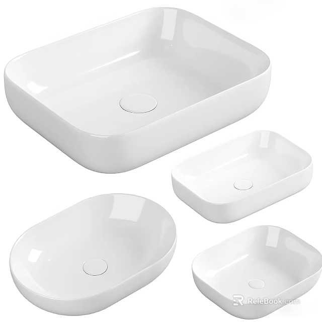 Set of White Ceramic Countertop Washbasins with Modern Design and Various Shapes 3d model 