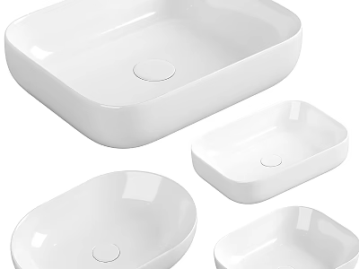Set of White Ceramic Countertop Washbasins with Modern Design and Various Shapes 3d model