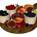 Assorted Fresh Fruits on Wooden Tray with White Bowls Raspberries Blueberries and Sliced Apricots