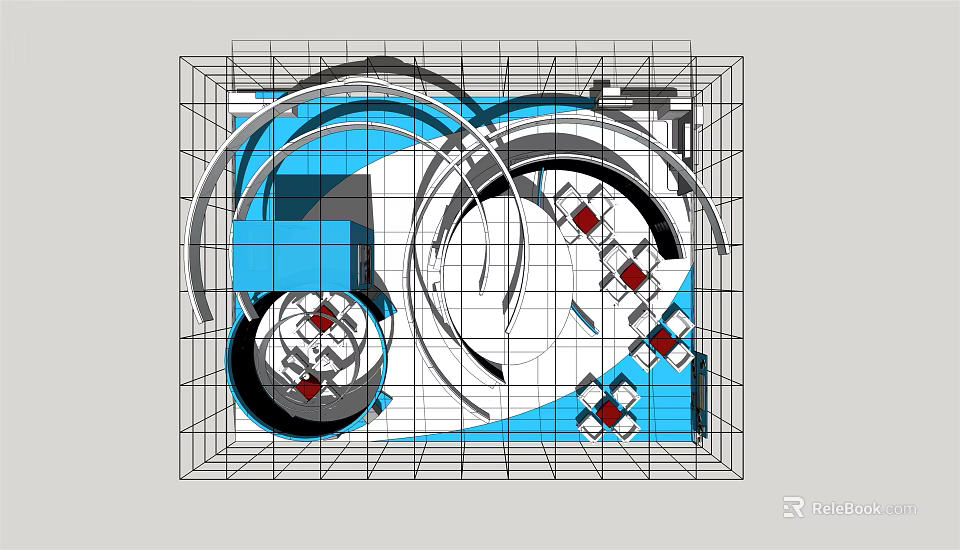 Modern Abstract Geometric Design With Blue White Lines Grid And Red Elements 3d model 