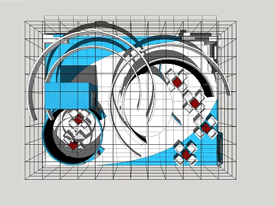 Modern Abstract Geometric Design With Blue White Lines Grid And Red Elements 3d model
