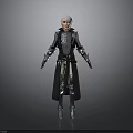 Woman With Silver Gray Hair In Black And Blue Long Coat Standing In Gray Background