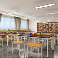 School Classroom Featuring Wooden Bookshelves Tables Chairs And Large Blue Screen