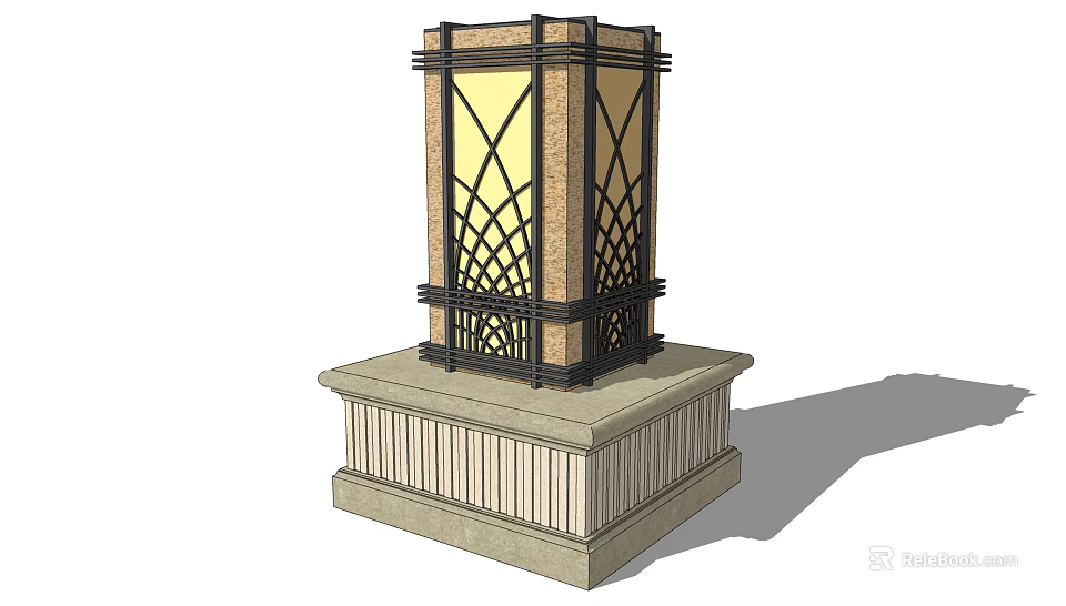 Outdoor Light With Metal Frame Glass Panel Geometric Pattern And Stone Base 3d model 