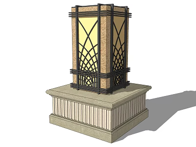 Outdoor Light With Metal Frame Glass Panel Geometric Pattern And Stone Base 3d model