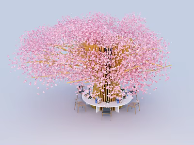 Romantic Outdoor Table And Chair Set Under Pink Cherry Blossom Tree 3d model