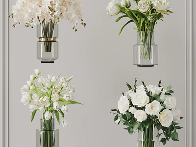 White Floral Arrangements In Transparent Glass Vases With Decorative Gold Accents 3d model