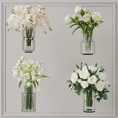 White Floral Arrangements In Transparent Glass Vases With Decorative Gold Accents 3d model