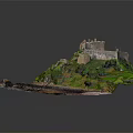 Ancient Castle on Green Hill With Red Roof Stone Walls and Lush Vegetation