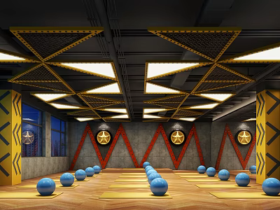 Fitness Studio With Blue Exercise Balls Geometric Ceiling Red Triangle Decor And Wooden Floor 3d model