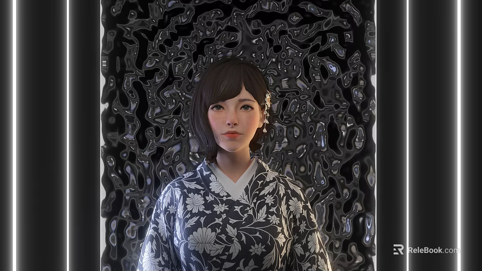 Elegant Woman Wearing Traditional Kimono With Floral Pattern And Decorative Backdrop 3d model 