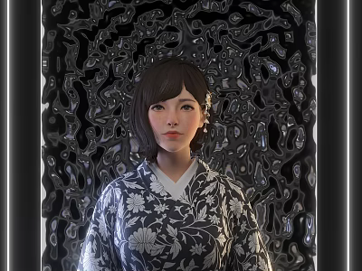 Elegant Woman Wearing Traditional Kimono With Floral Pattern And Decorative Backdrop 3d model