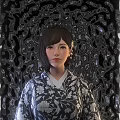 Elegant Woman Wearing Traditional Kimono With Floral Pattern And Decorative Backdrop