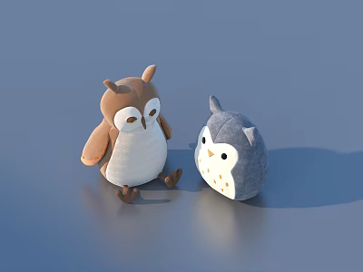 Two Adorable Owl Plush Dolls with Brown White and Gray Soft Fluffy Fur for Kids 3d model