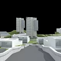Modern High Rise Office Buildings With Lush Greenery And People Walking Around Open Plazas
