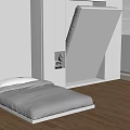 Modern Bedroom Interior With Foldable White Bed Frame Gray Bedding Wooden Floor And Window Blinds