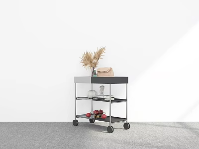 Modern Rolling Trolley with Dried Grass Decoration Pink Bag Bottle and Red Small Items 3d model
