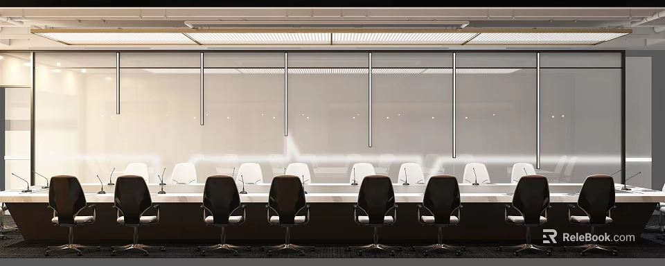 Modern Conference Room With Long Table Ergonomic Chairs Glass Partitions And Ceiling Lights 3d model 
