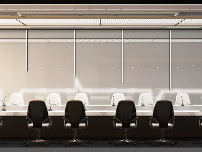 Modern Conference Room With Long Table Ergonomic Chairs Glass Partitions And Ceiling Lights 3d model