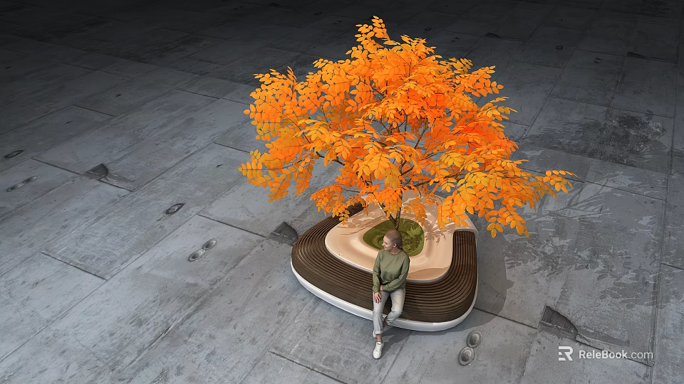 Garden Landscape With Orange Leaf Tree Seating Stone Pavement And People Resting 3d model 