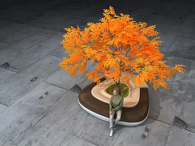 Garden Landscape With Orange Leaf Tree Seating Stone Pavement And People Resting 3d model