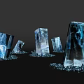 Blue Transparent Cubes With Crystalline Textures And Surrounding Blue Shards 3d model