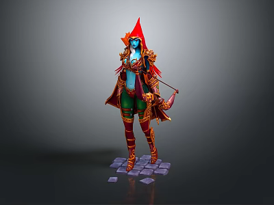 Blue Skinned Fantasy Character With Red Pointed Hat Green Pants Bow And Golden Decorations Standing On Stone Platform 3d model
