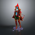 Blue Skinned Fantasy Character With Red Pointed Hat Green Pants Bow And Golden Decorations Standing On Stone Platform