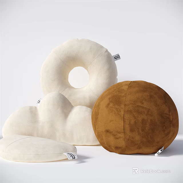 Soft Plush Pillows Collection Including White Cloud Ring Shaped And Brown Circular Designs 3d model 