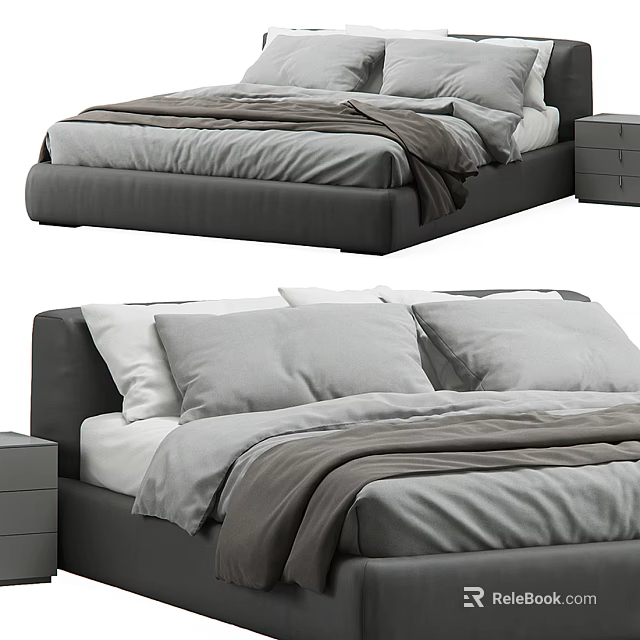 Modern Gray Double Bed With Upholstered Headboard And Nightstand Linen Bedding Design 3d model 