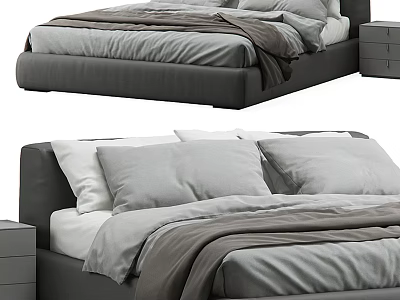 Modern Gray Double Bed With Upholstered Headboard And Nightstand Linen Bedding Design 3d model