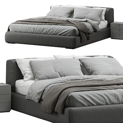 Modern Gray Double Bed With Upholstered Headboard And Nightstand Linen Bedding Design 3d model