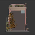 Pink Building Model Featuring Balcony Plants Striped Awning And Orange Trees