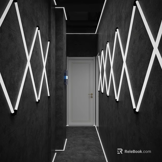 Modern Elevator Hallway Design with Black Walls White Intersecting Line Lights and White Door 3d model 