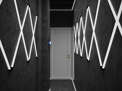 Modern Elevator Hallway Design with Black Walls White Intersecting Line Lights and White Door 3d model
