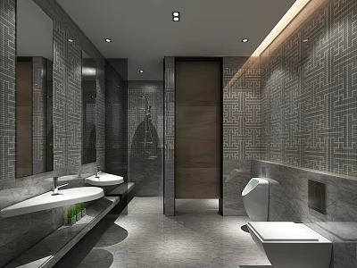 Modern Hotel Bathroom With Double Sinks Marble Countertops And Geometric Patterned Walls 3d model