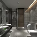 Modern Hotel Bathroom With Double Sinks Marble Countertops And Geometric Patterned Walls