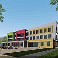 Colorful Modern School Building With Playground Green Lawn And Children Playing