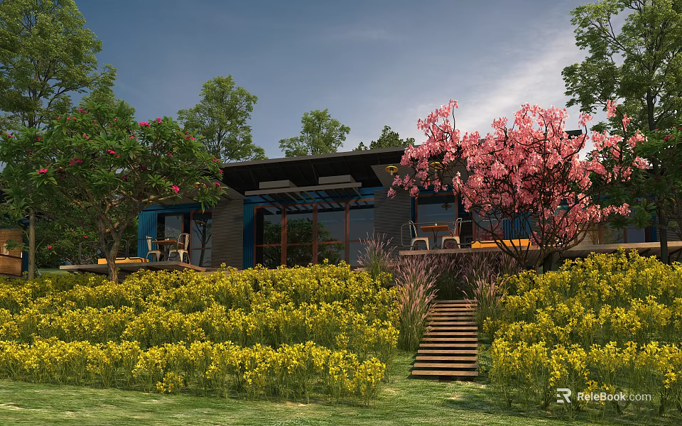 Modern Vacation Home With Wooden Stairs And Pink Flowering Trees Amid Yellow Flowers 3d model 