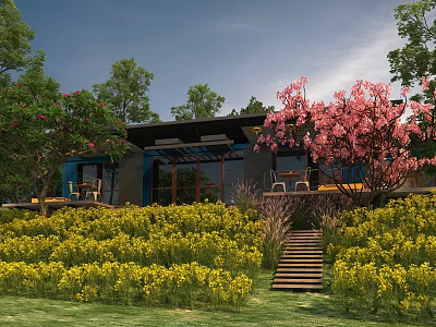 Modern Vacation Home With Wooden Stairs And Pink Flowering Trees Amid Yellow Flowers 3d model