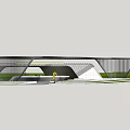 Modern Curved Pergola Design With Green Lawn Pathway And Seating Area