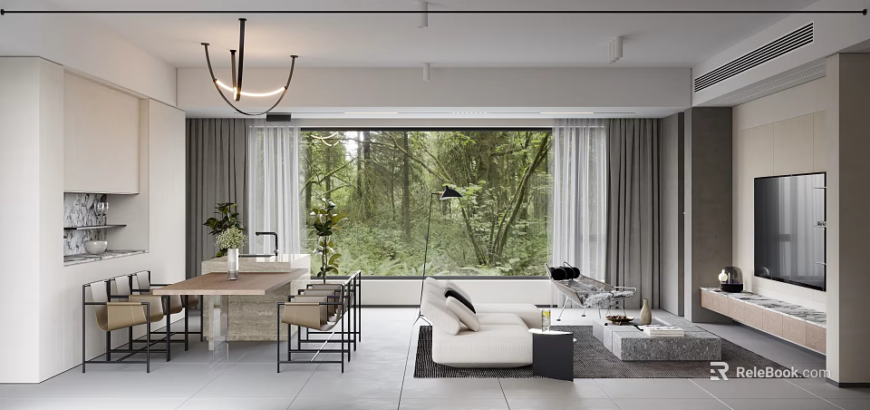 Modern Living And Dining Room Interior With Forest View Chandelier Sofa And Dining Table 3d model 