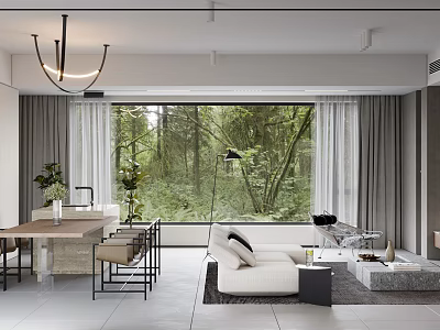 Modern Living And Dining Room Interior With Forest View Chandelier Sofa And Dining Table 3d model