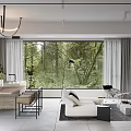Modern Living And Dining Room Interior With Forest View Chandelier Sofa And Dining Table