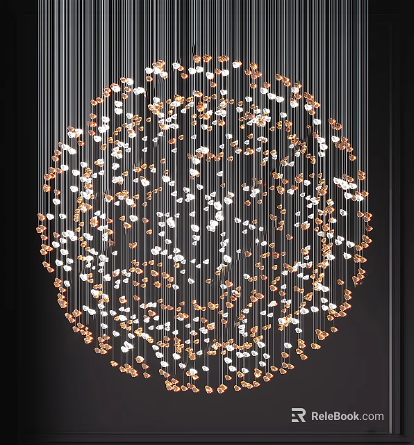 Modern Chandelier With Hanging Gold And White Crystal Beads On Thin Threads Decoration 3d model 