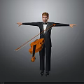 Man With Red Hair In Black Suit Holding Orange Violin Arms Outstretched On Gray Background