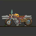 Vibrant Motorcycle with Red Seat Blue Parts on Dirt Path Near Guardrail and Small Plants