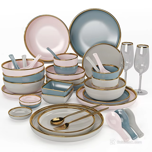 Dinnerware Set Pink Blue Gray With Gold Rim Plates Bowls Cups And Utensils 3d model 