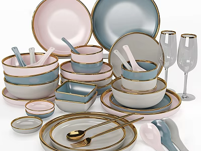 Dinnerware Set Pink Blue Gray With Gold Rim Plates Bowls Cups And Utensils 3d model